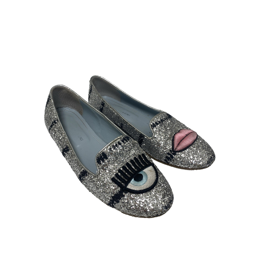 CHIARA FERRAGNI Flirting Ballet Flat Eye Lip Silver Metallic Round T Glitter 38